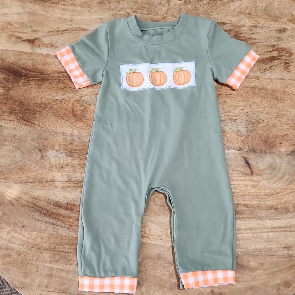 Honey Bean Olive Green Baby Romper with Pumpkin Applique